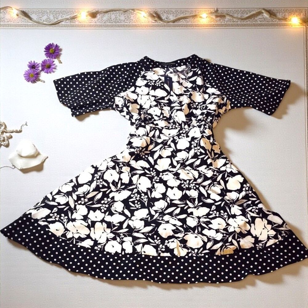 Adrienne Vittadini NWT Dress Small Black White Polka Dot Floral Pinup Rockabilly